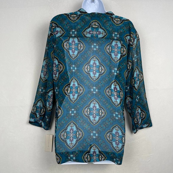 NWT Charter Club Teal V-Neck Button Up Tuxedo Pleated Blouse Tunic Large Petite - Picture 9 of 16